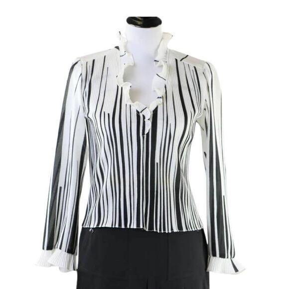 Vintage 70s/80s Black White Pleated Striped Blouse Ruffle Neck and Cuffs Large - Picture 1 of 7